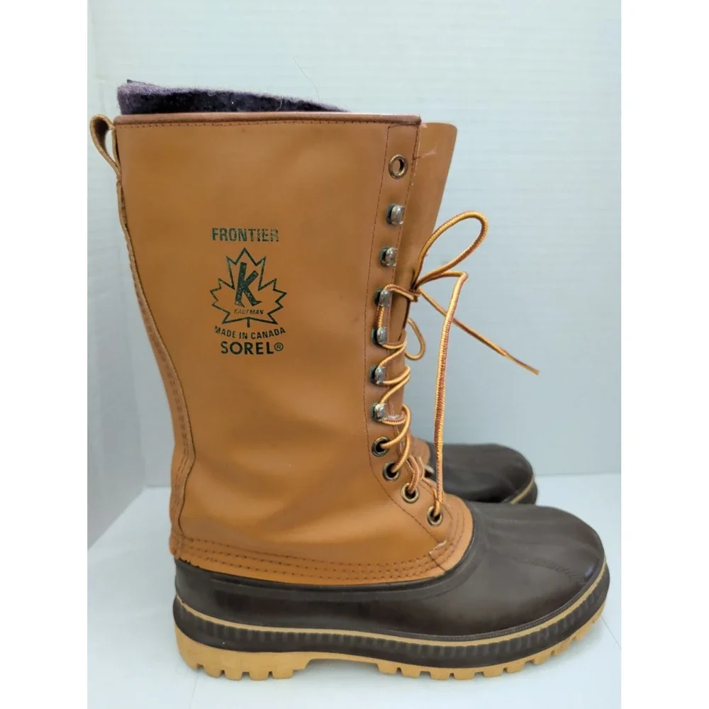 Sorel Frontier Boots Brown Rubber Leather Made in Canada Wool Insulated Tall Sz8